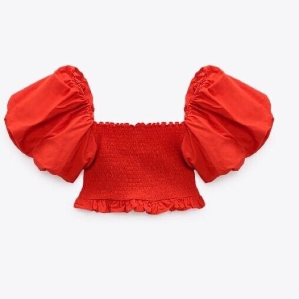 Zara smocked puff sleeve red top